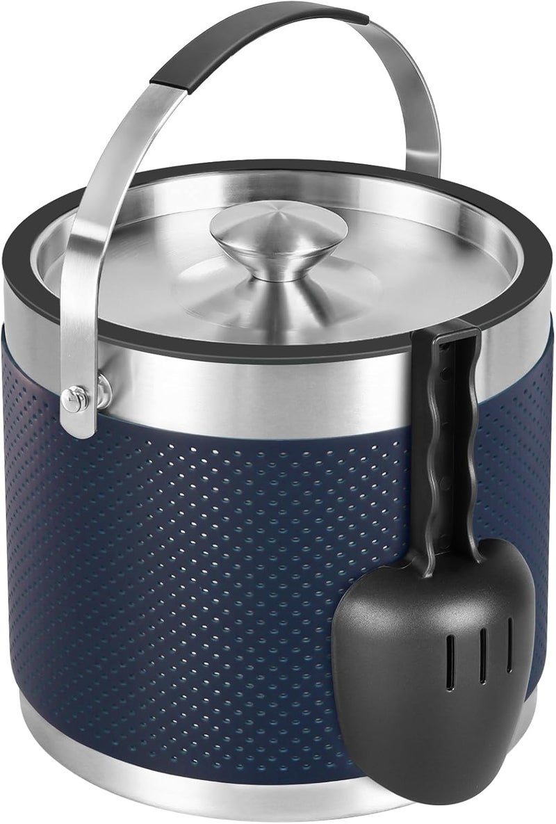 Five Home 3Quart/3.2L Insulated Stainless Steel Ice Bucket with Lid, Scoop, Leather Design Double Wall Wine Bucket for Cocktail Bar, Parties (Dark Blue) - Image 3